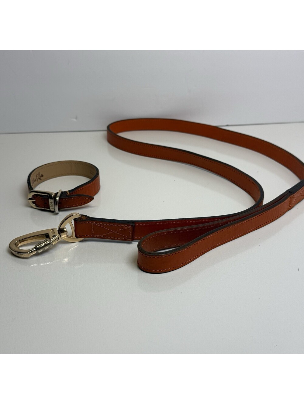 Brown Leather Hartman & Rose Small Dog Leash Collar Set Leather Orange 10/26